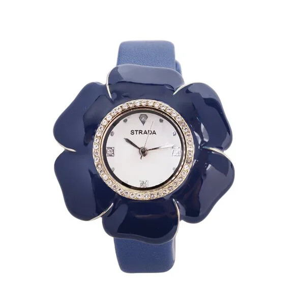 STRADA Watch Austrian Crystal Blue Faux Leather Strap SPLASH WATER RESISTANT
