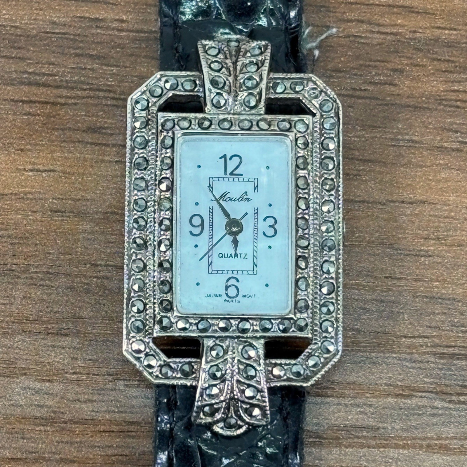 Moulin Quartz Watch Women Leather Band Silver Marcasite Art Deco Japan Mvmt
