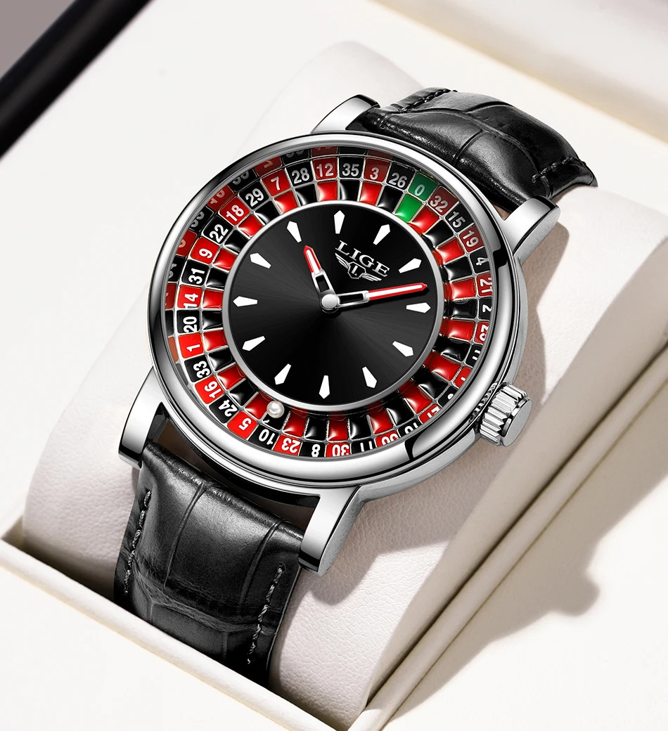 Mens Watches Creative Roulette Game Dial Genuine Leather Watch for Man