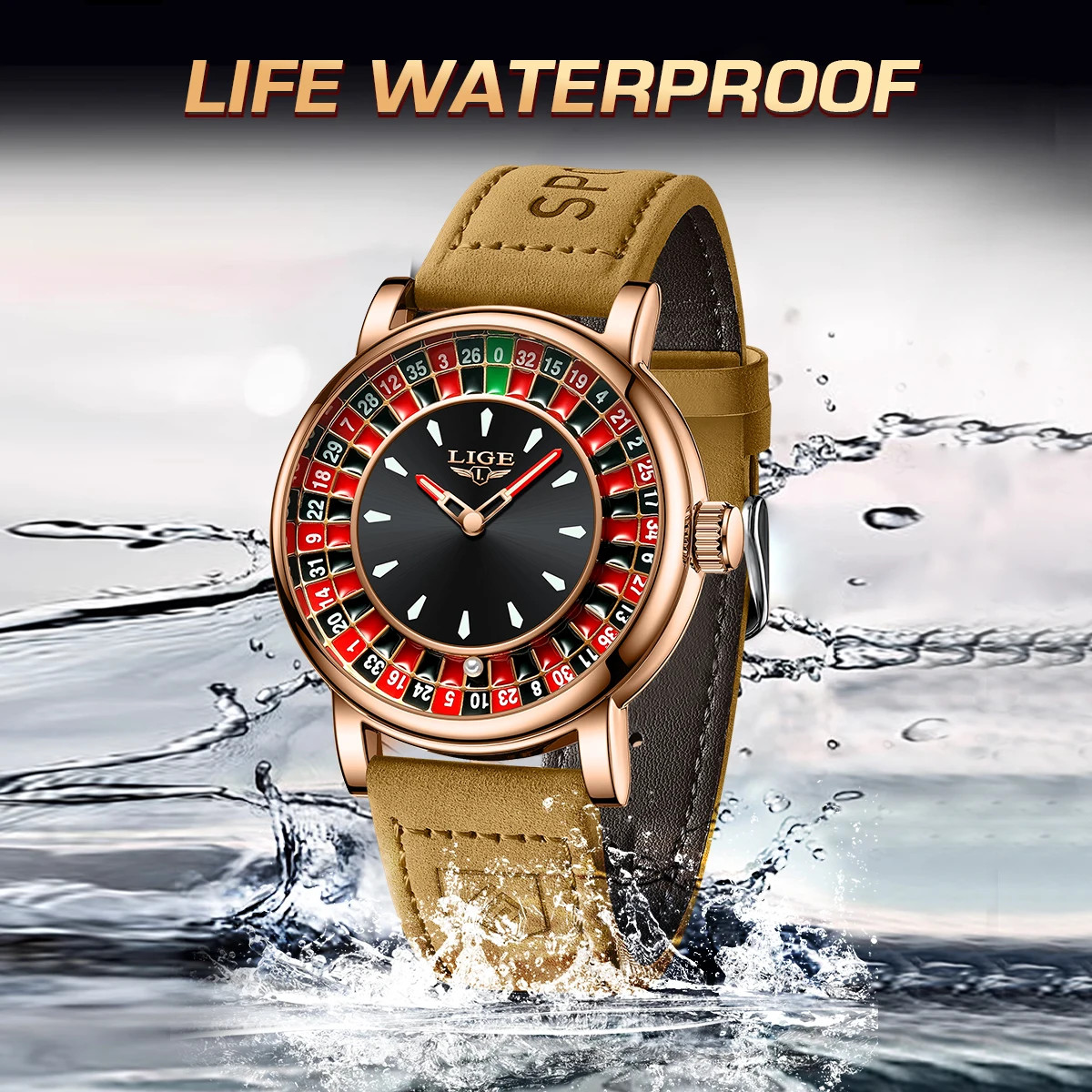 Mens Watches Creative Roulette Game Dial Genuine Leather Watch for Man